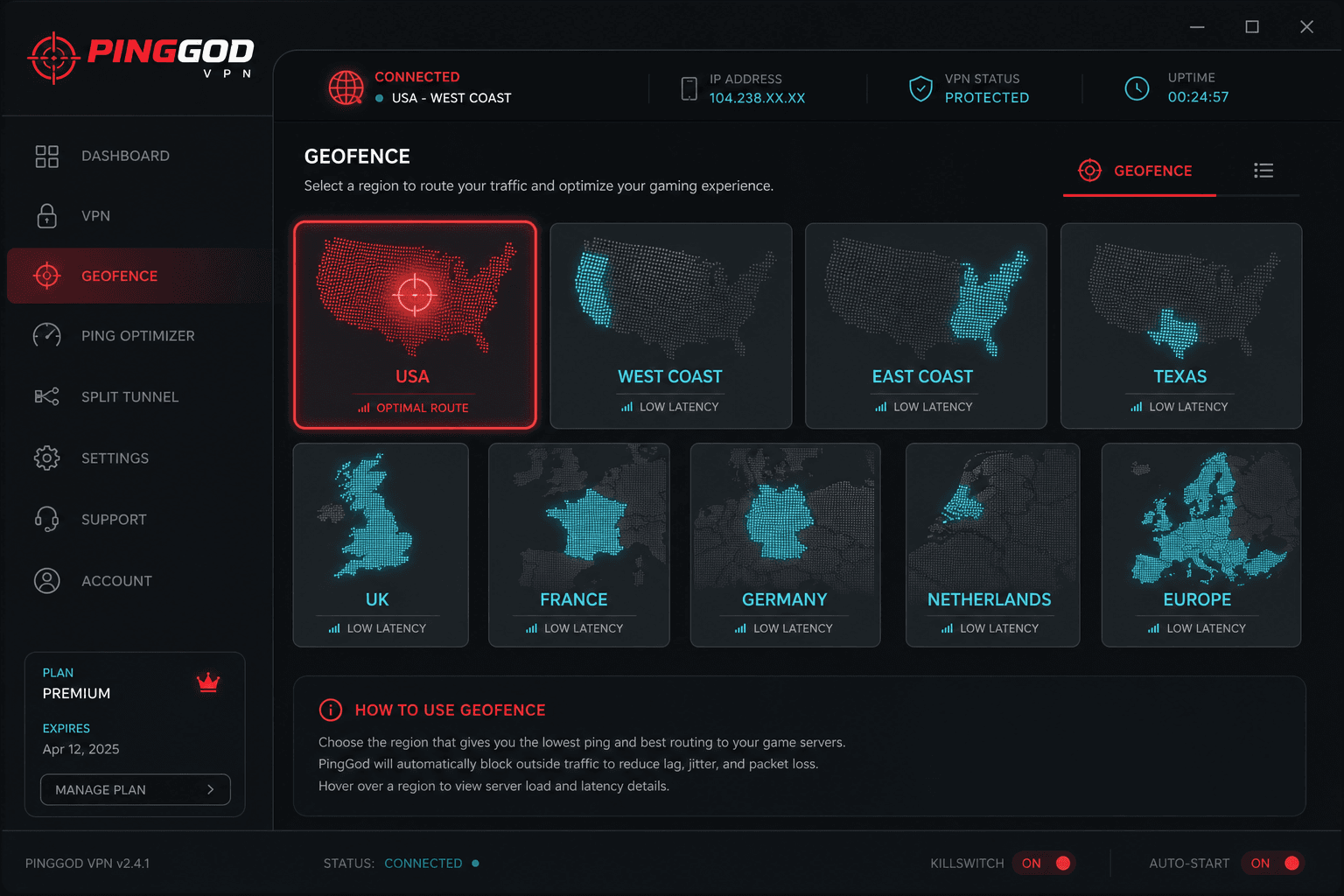 PingGod VPN GeoFence tab for selecting countries to lock lobbies