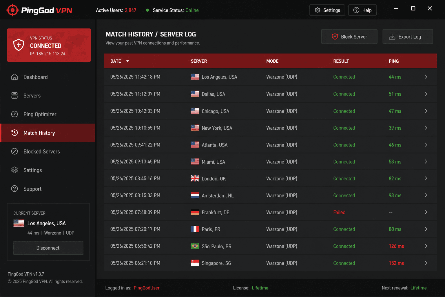 PingGod VPN match history and server log panel