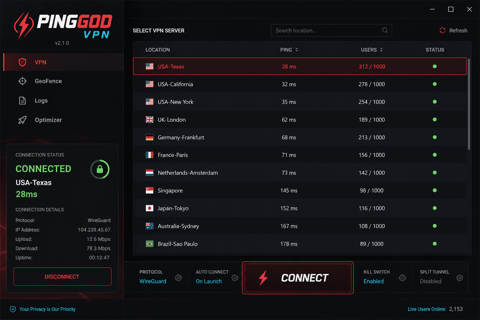 PingGod VPN main server list view with live user counts and connect button